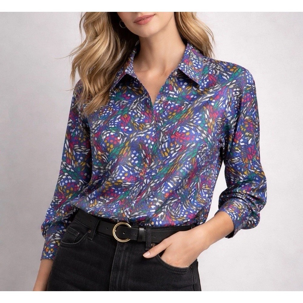 Petite Notations Button Down Blouse Womens 6 Multi Color Abstract Print‎